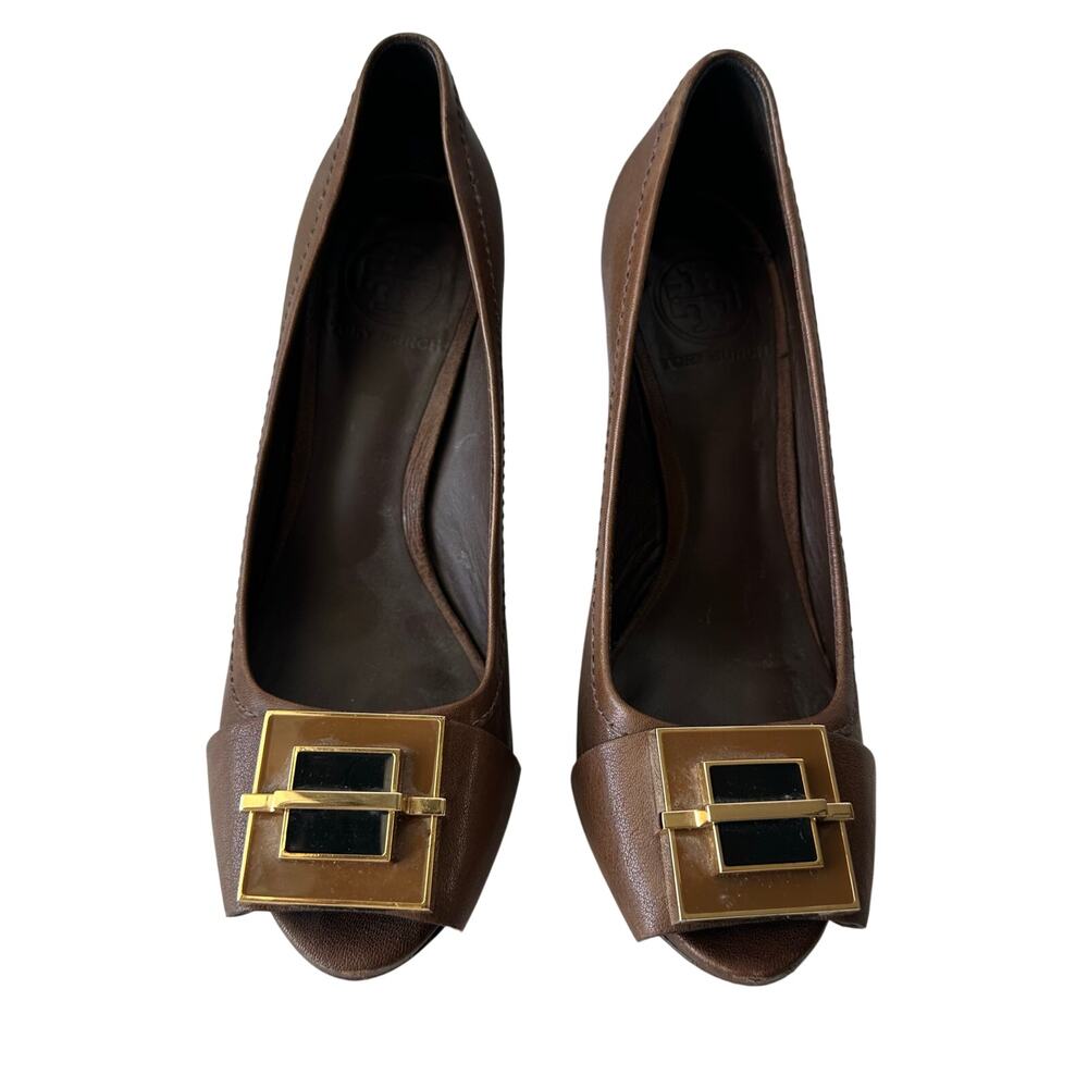 Tory Burch (7.5) Brown Leather Platform Heels- Art Deco, Buckle, Open Toe, Block